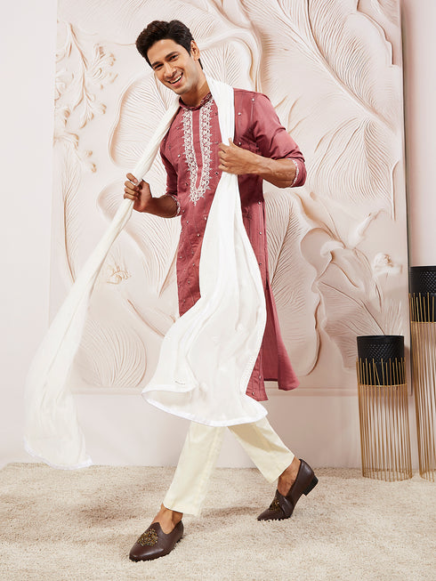 Men's Rose Pink Silk Blend Kurta Pant And Dupatta Set